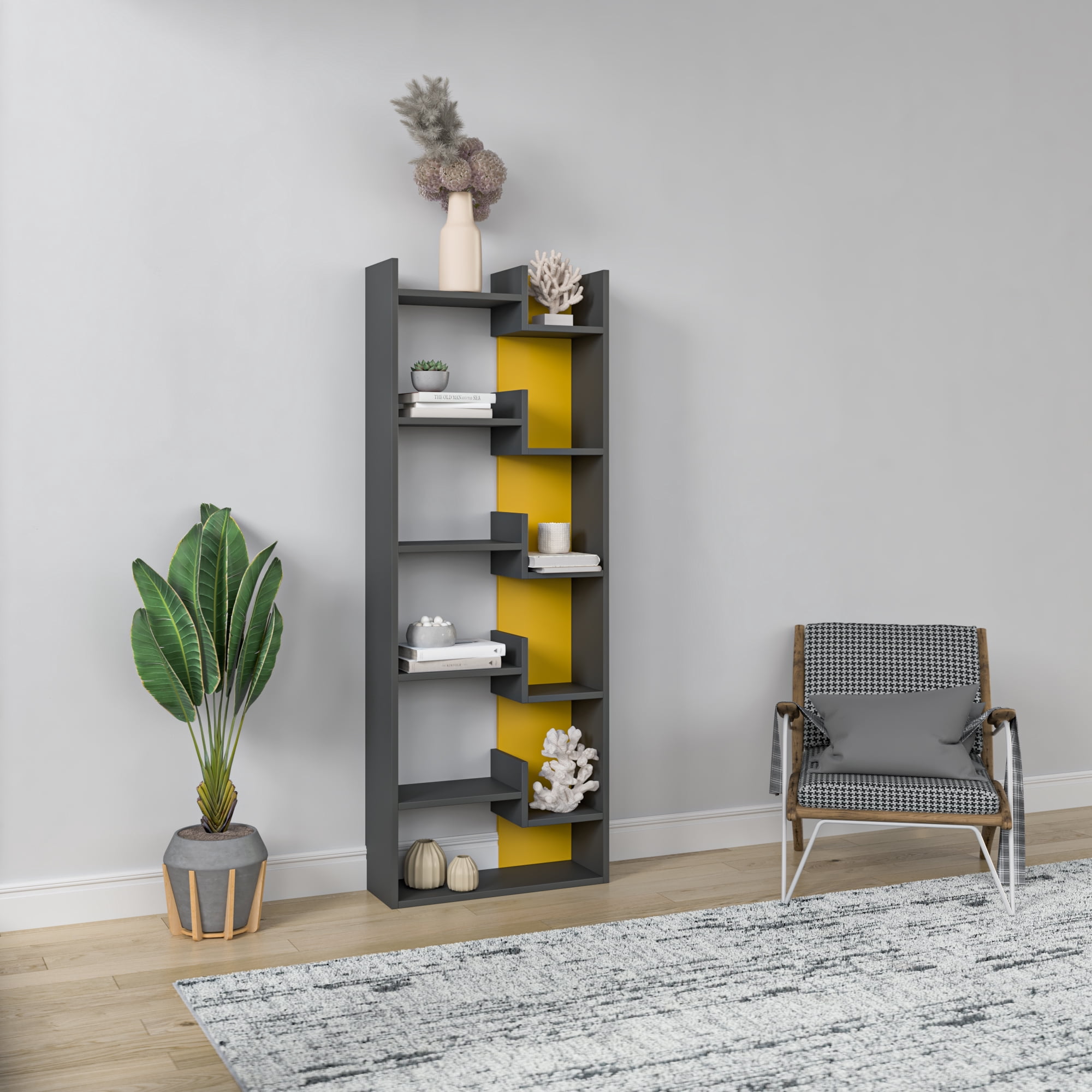 Ada Home Decor Bonaparte Multiple Tier Open Shelf Modern Bookcase, Anthracite/Mustard