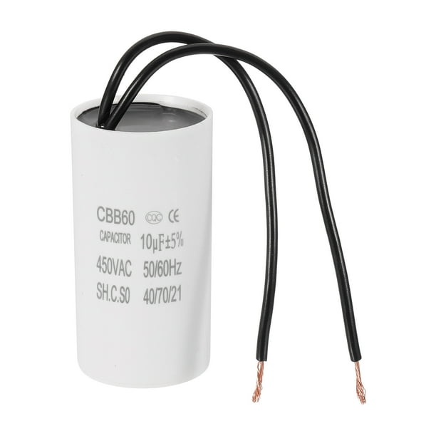 Capacitor de arranque Uxcell 10uF CBB60, capacitor de funcionamiento con 2 cables, motor de arranque CA 450V con frecuencia de 50Hz/60Hz, adecuado para compresores de aire y bombas, blanco