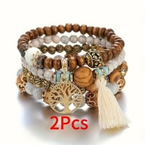 2pcs/set Bohemian 4-piece Layered Bead Elastic Stackable Bracelet, Multi-color Men's And Women's Tree Of Life Pendant, Tassel Bracelet, Vintage Chain Bracelet Set,2pcs/set