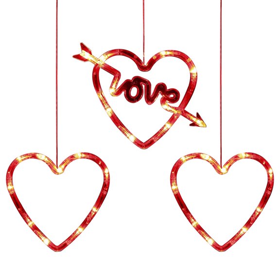 SNNROO Valentines Day Decor, 3 Pack Red Heart-Shaped Love Window Lights with Suction Cup, Timer Function & Slow Fade Mode Battery Operated Romantic Lights for Valentine's Day(A)
