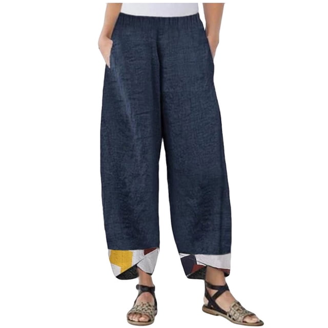 VEKDONE Womens Linen Long Pants Dark Blue L