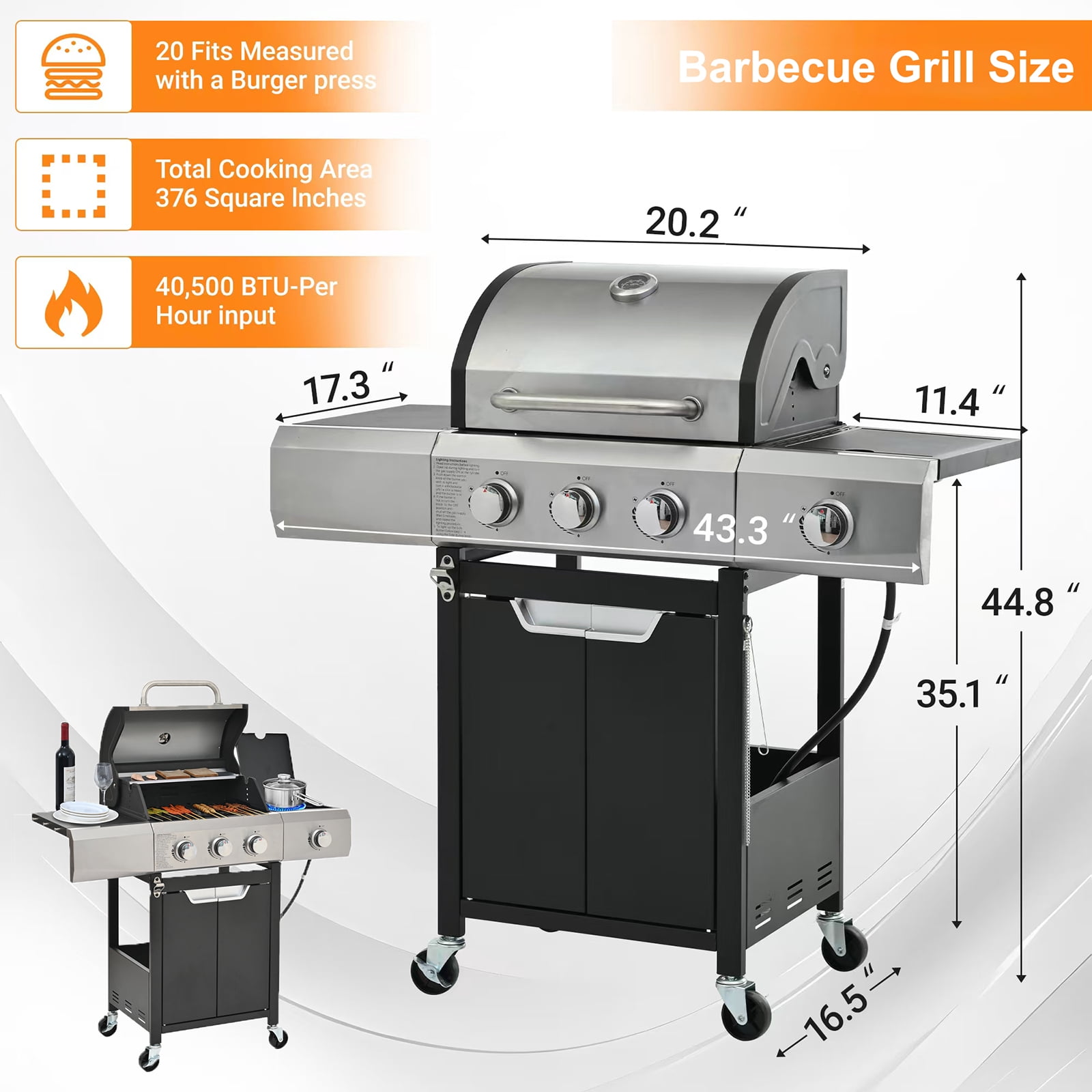 3 Burner BBQ Propane Gas Grill, Stainless Steel Patio Garden Barbecue Grill with Two Foldable Shelves for Backyard Cooking Patio Grilling Tailgating Party Camping Picnic