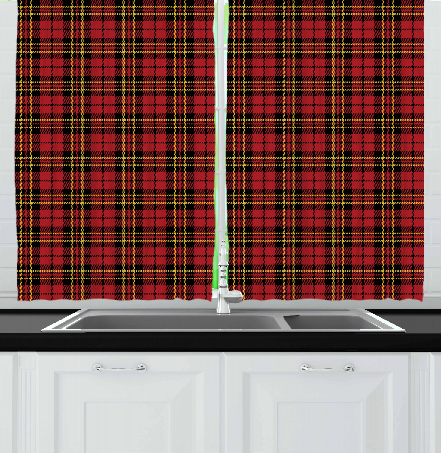 Checkered Curtains 2 Panels Set, Scottish British Celtic Culture Traditional Design in Classical Colors, Window Drapes for Living Room Bedroom, 55W X 39L Inches, Red Black Yellow, by Ambesonne