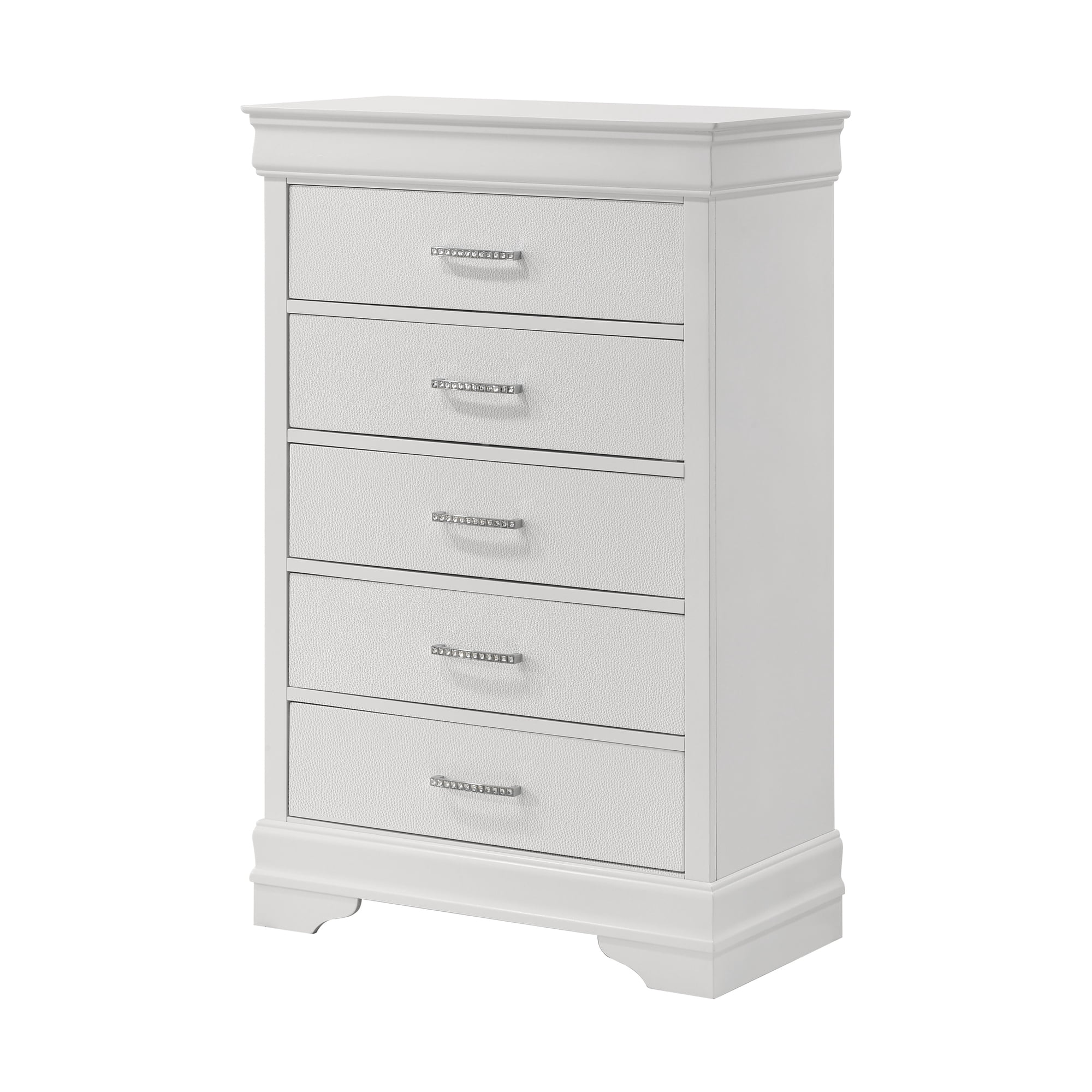 5-Drawer Tall Chest Modern 1pc White Texture Finish Solid Wood Wooden Crystal Tufted Handle Bedroom Home Furniture