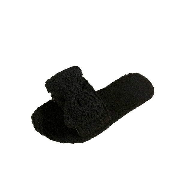 Wdhugt Women'S Bow Detail Slippers With Furry Design Slide Sandal Style Comfortable Wear Fall Winter Season Polyester Matte Fabric