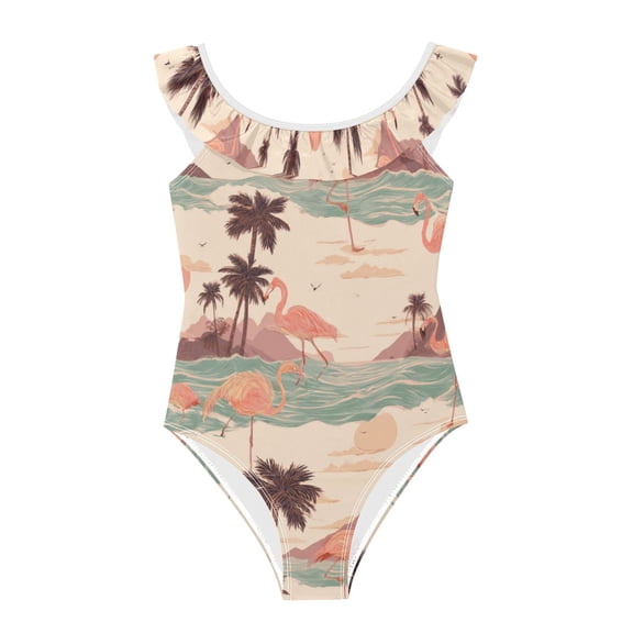 Girls Ruffled One Piece Swimsuit Summer Beach Vacation Swimwear Tank Swimsuit Pastel Peach Flamingos