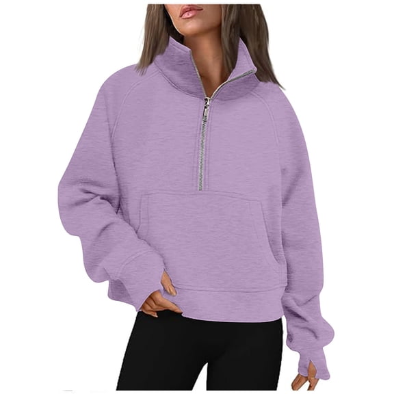 Ptauao Cropped Hoodie for Women Half Zip Sweatshirt Long Sleeve Pullover Fleece lining Hooded Tunic Tops Solid Color Sweatshirts Coat with Pocket Thumb Cuffs Hoodies