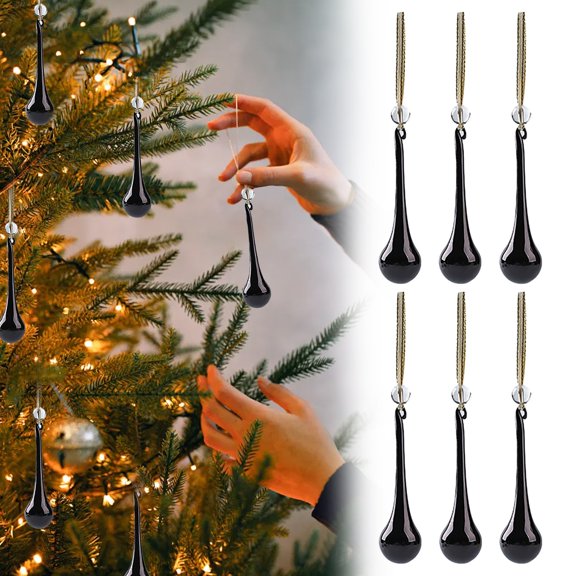 Lssam Glass Teardrop Ornaments - Set of 6 Black Crystal Icicle Pendants for Hanging on Christmas Tree, Chandelier and Home Holiday Winter Decor