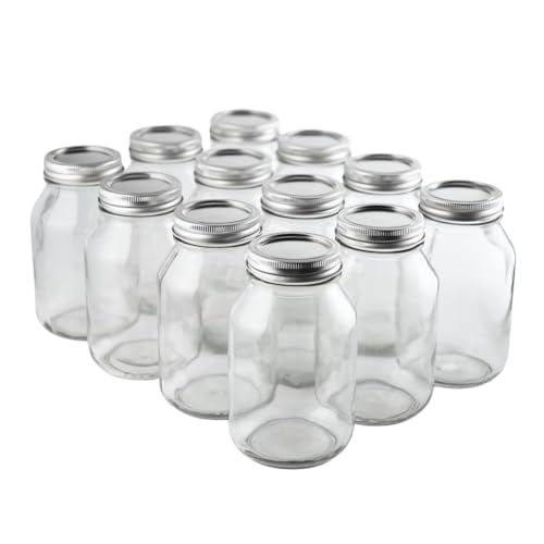 32 oz Wide Mouth Mason Jars with Lids – Pack of 12 Quart Canning Jars for Food Storage, Pickling, Fermentation, Crafts – Reusable Airtight Large Glass Mason Jar with 1 Black Cap Gripper