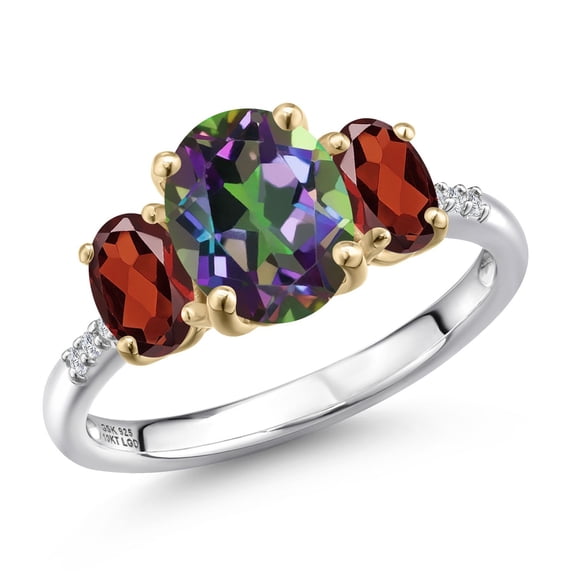 Gem Stone King 925 Silver and 10K Yellow Gold Green Mystic Topaz and Red Garnet and Lab Grown Diamond Engagement Ring for Women | 3.50 Cttw | Oval 9X7MM | November Birthstone | Size 5
