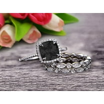 3.05 Carat Cushion Cut Black Diamond Moissanite Bridal Set Engagement Wedding Ring 10k White Gold Full Eternity Art Deco With Two Matching Band