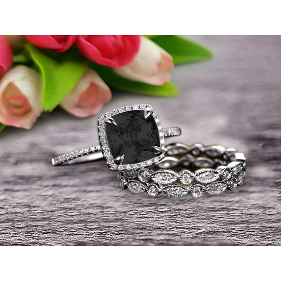 3.05 Carat Cushion Cut Black Diamond Moissanite Bridal Set Engagement Wedding Ring 10k White Gold Full Eternity Art Deco With Two Matching Band