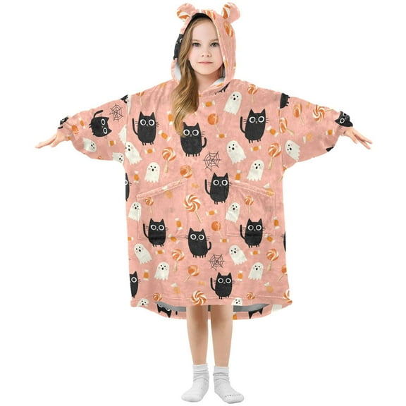 Wearable Blanket Hoodie for Kids Cat Candy and Ghost Flannel Hooded Blanket with Pockets and Sleeves Suitable for Boys and Girls