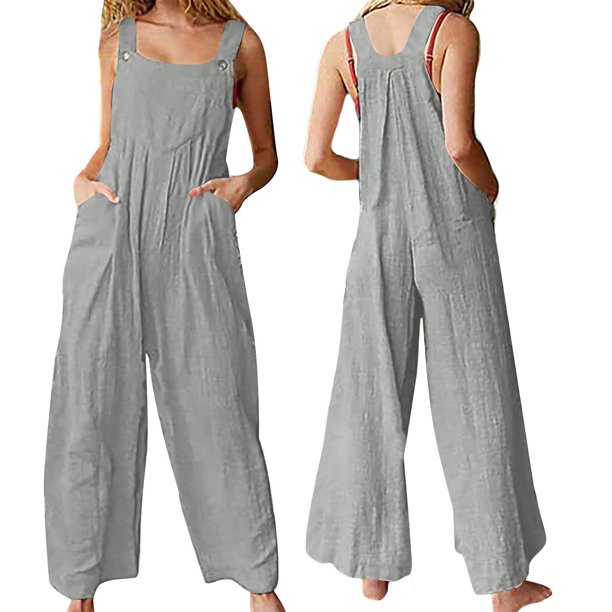 TRKIYQC Mono suelto para mujer con bolsillos, cuello en forma de U de pierna ancha sin mangas Recto de una sola pieza TRKIYQC moda