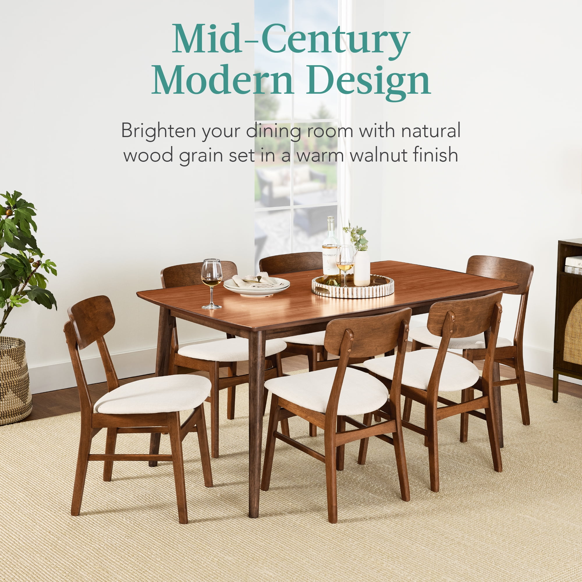 Best Choice Products 7-Piece Mid-Century Modern Upholstered Dining Set, Wooden Table w/ 6 Chairs - Walnut/Cream