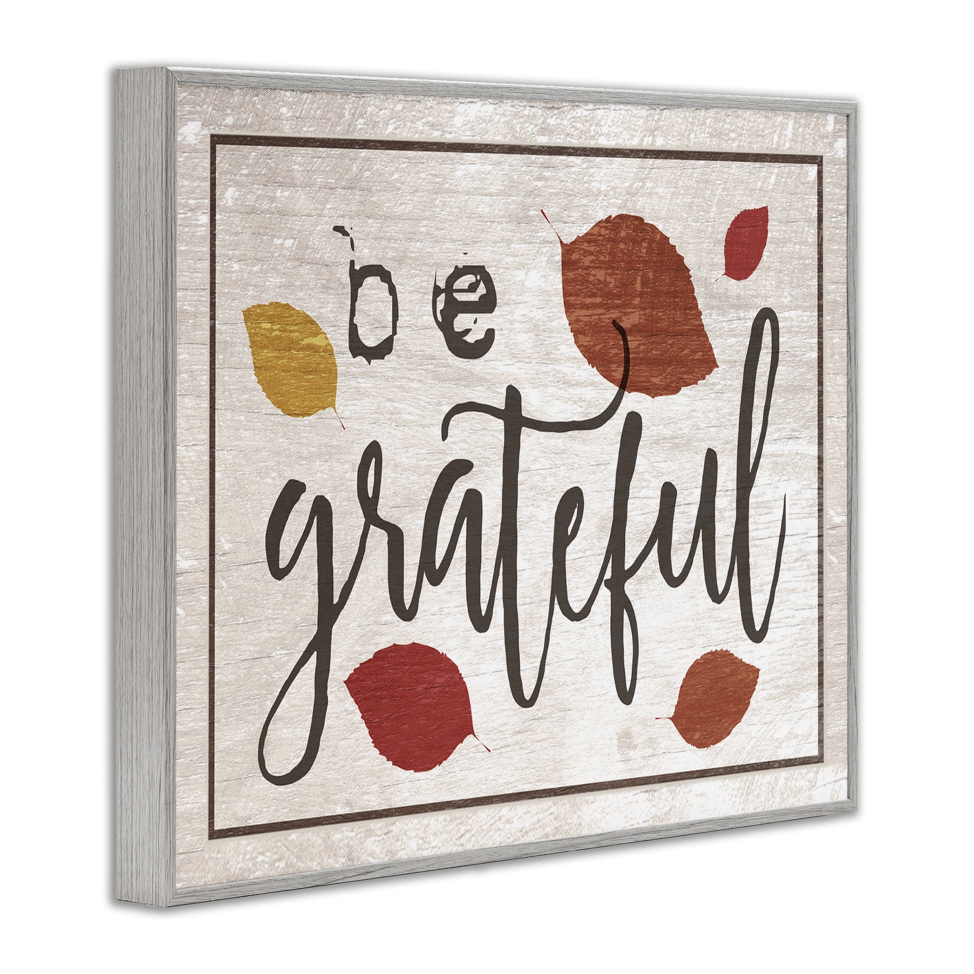 Stupell Industries Be Grateful Fall Leaves Typography Holiday Painting Gray Framed Art Print Wall Art, 30 x 24