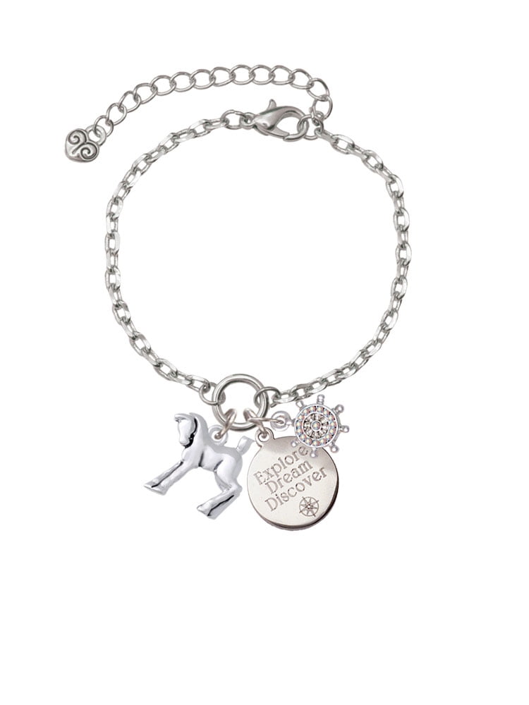 Delight Jewelry Silvertone Equestrian Horse Silvertone Discover Dream Explore Zoey Charm Bracelet, 6.5+2" Extender