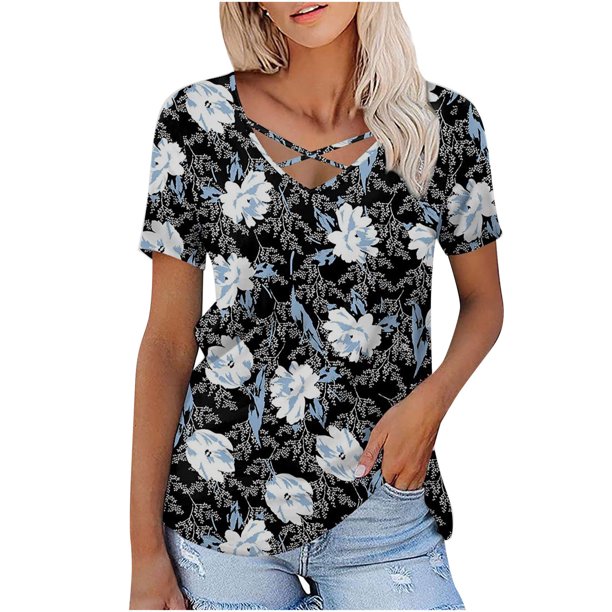 Camiseta de manga corta suelta con cuello en V y estampado calado informal a la moda para mujer Pompotops hkajfhjk467934