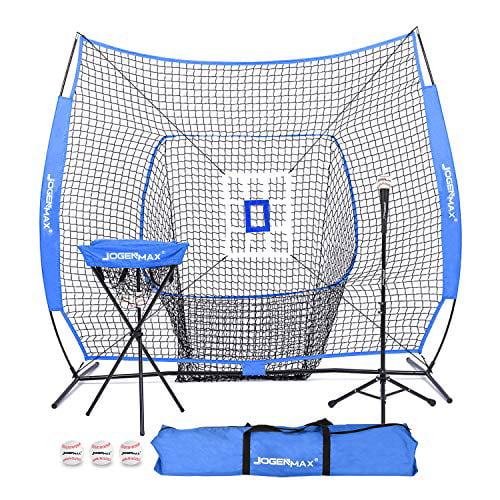 JOGENMAX 7x7 DLX Practice Net + Deluxe Tee + Ball Caddy + 3 Training  Ball/Strike Zone Bundle + Carrying Bag | Baseball Softball Pitching Batting  