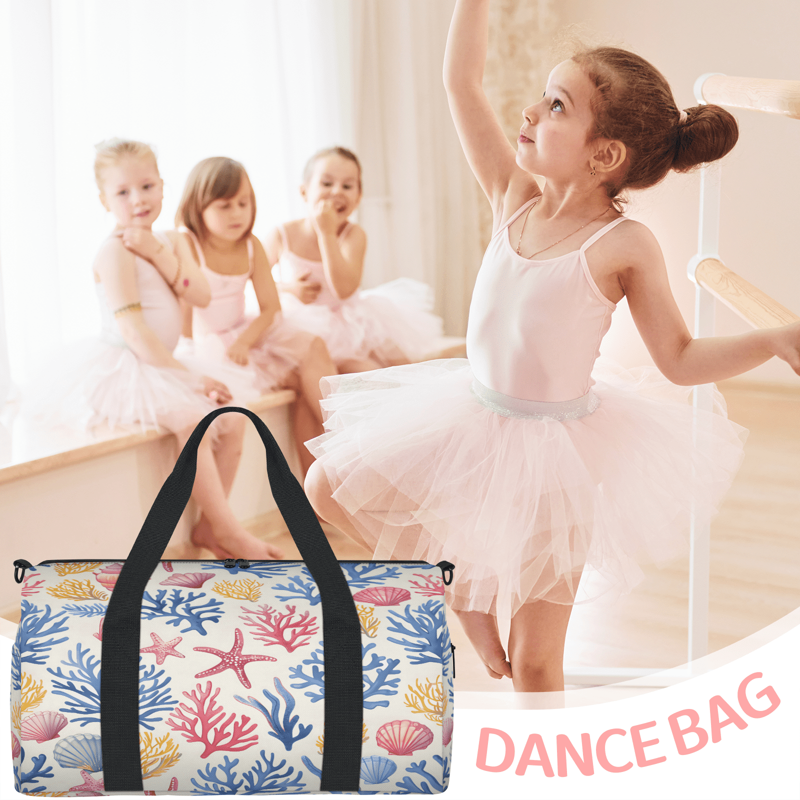Herdesigns Coastal Starfish Seashell Gym Bag for Women, Duffle Bag for Travel Sport, Lightweight Waterproof Carry on Weekender Overnight Dance Yoga Workout Bags