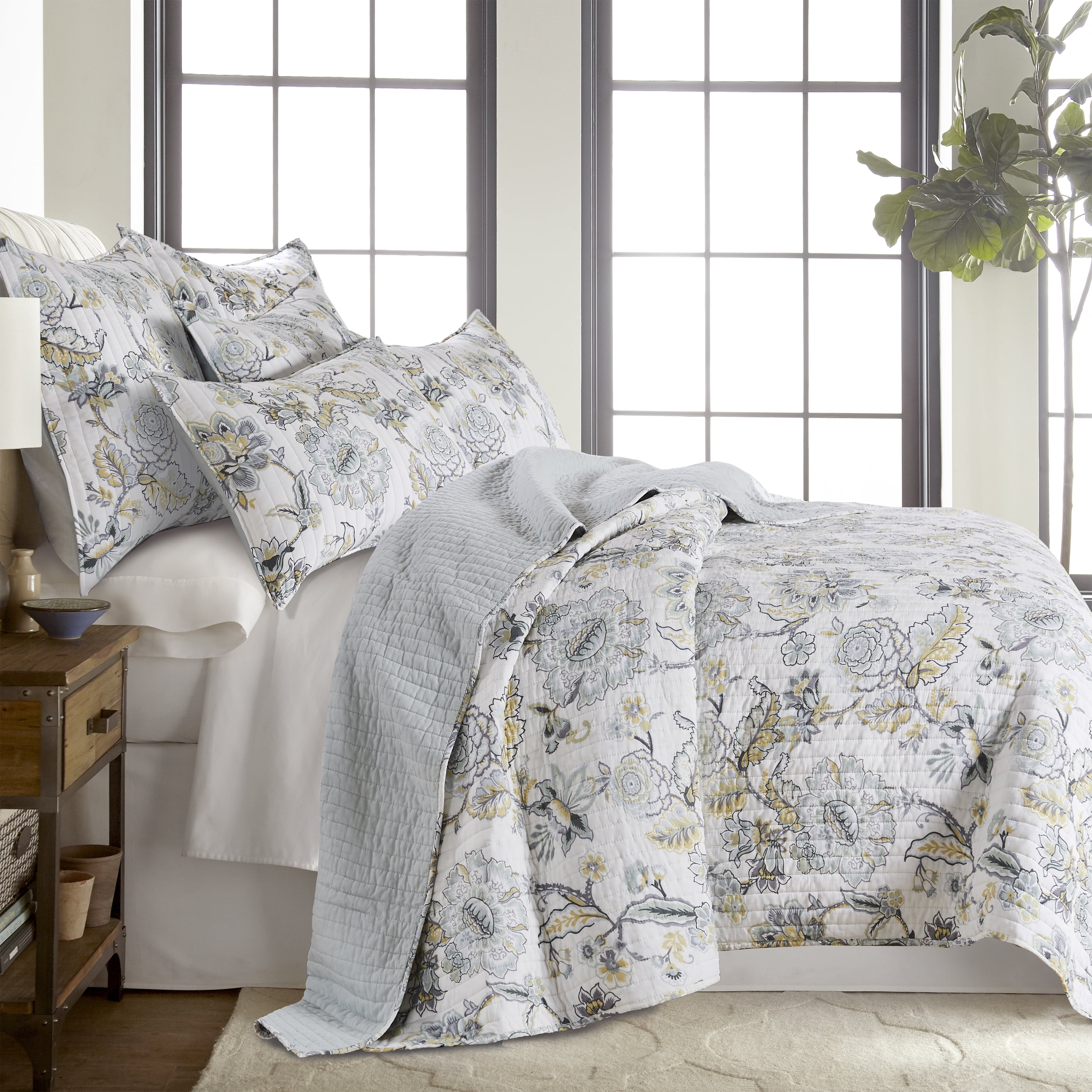 Levtex Home Ophelia 2-Pieces Spa Grey Cream Ochre Floral Quilt Bedding Sets, Euro Sham