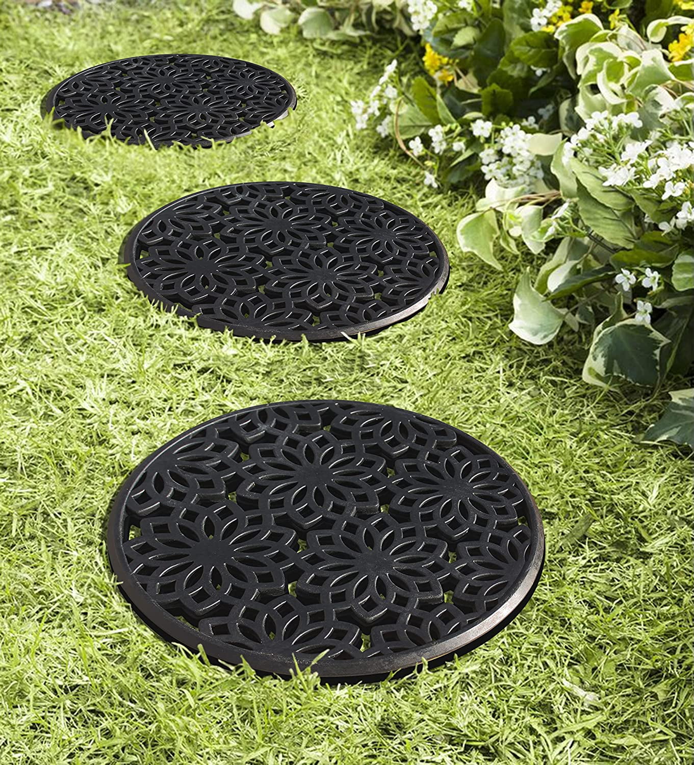 A1HC Rubber Multi Functional-Garden Stepping Stone Mat, Round, 14"X14", Black Set of 3