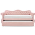 thumbnail image 2 of Twin Size Daybed with Twin Trundle Bed, Tufted Upholstered Sofa Bed with Side Armrest & Wood Slats Support, Wooden Home Bed Frame for Living Room Guest Room Bedroom, No Box Spring Required, Pink, 2 of 6