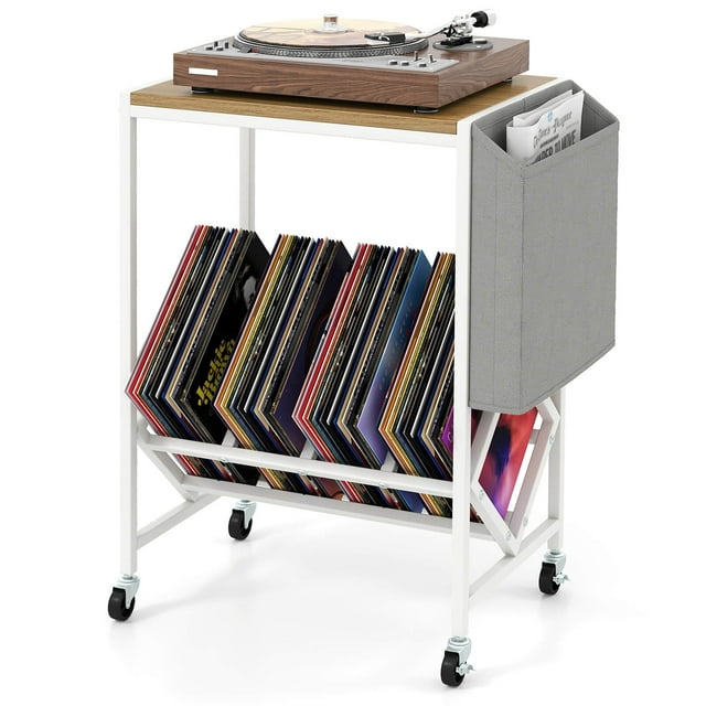 Costway Record Player Stand with Vinyl Record Storage & Side Storage Pouch, Swivel Wheels Natural