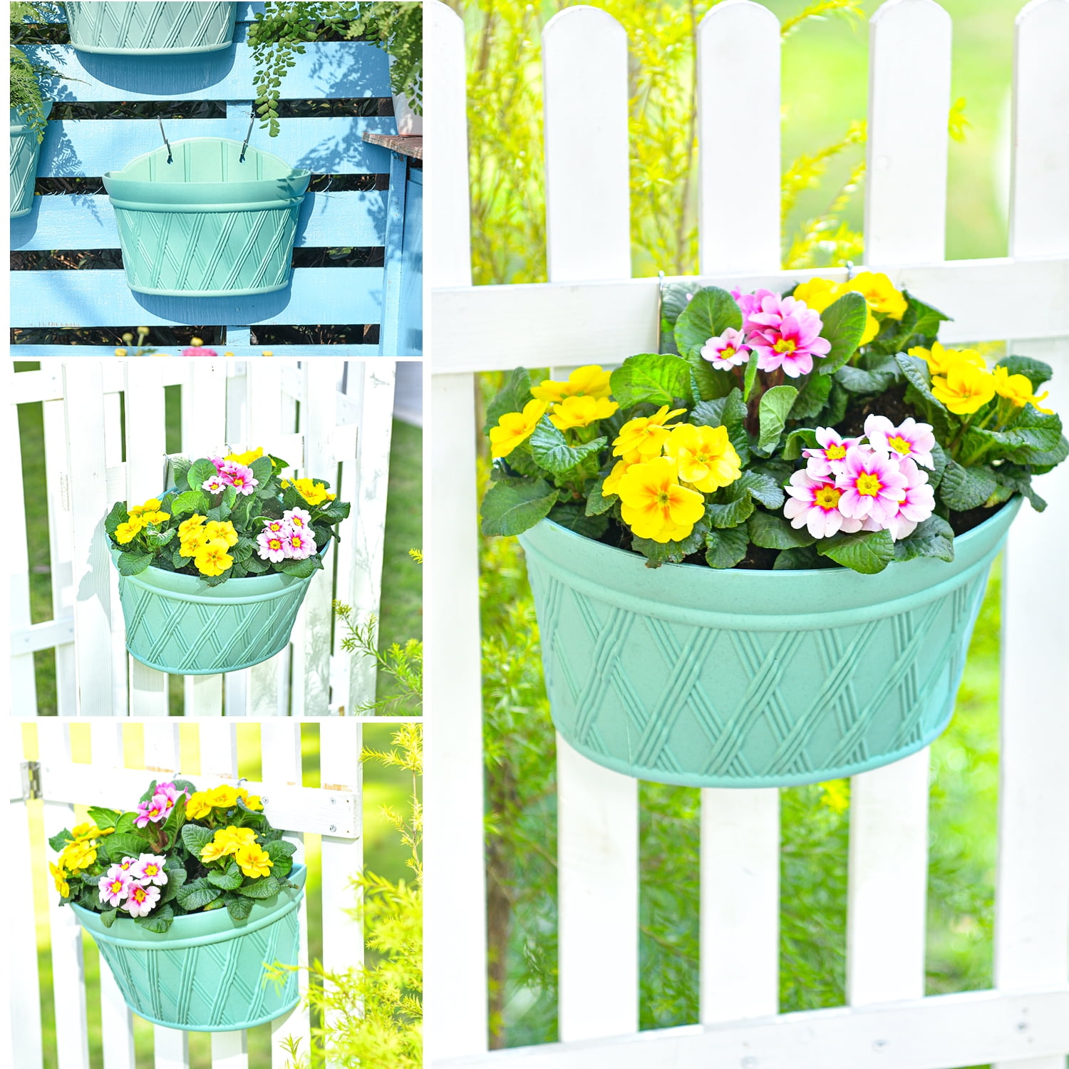 Sungmor Quality Plastic Wall Hanging Planter - Semicircle & 3PC Pack & Green - Indoor Outdoor Home Garden Balcony Railing Fence Hanging Pots - Wall Mounted Planting Pot Plants Container