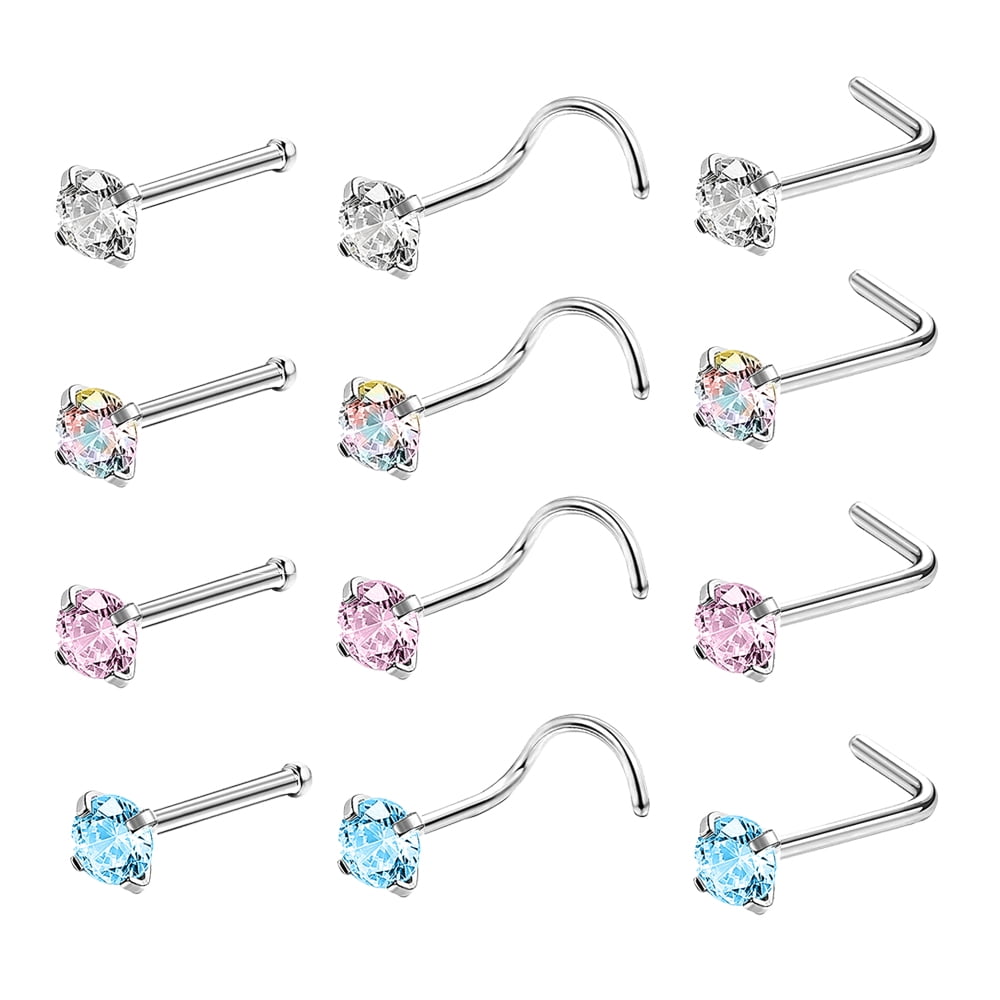 ZS 12Pcs/Set 20g Star/Round/Heart Crystal Nose Ring Piercing Mix Color