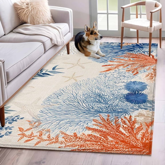 Orange Navy Blue Coral Area Rugs 4'x6', Washable Small Throw Rugs for Office Bathroom, Summer Beach Coastal Rustic Indoor Outdoor Rug Non-Slip Low Pile Carpet Runner Reversible Floor Mats