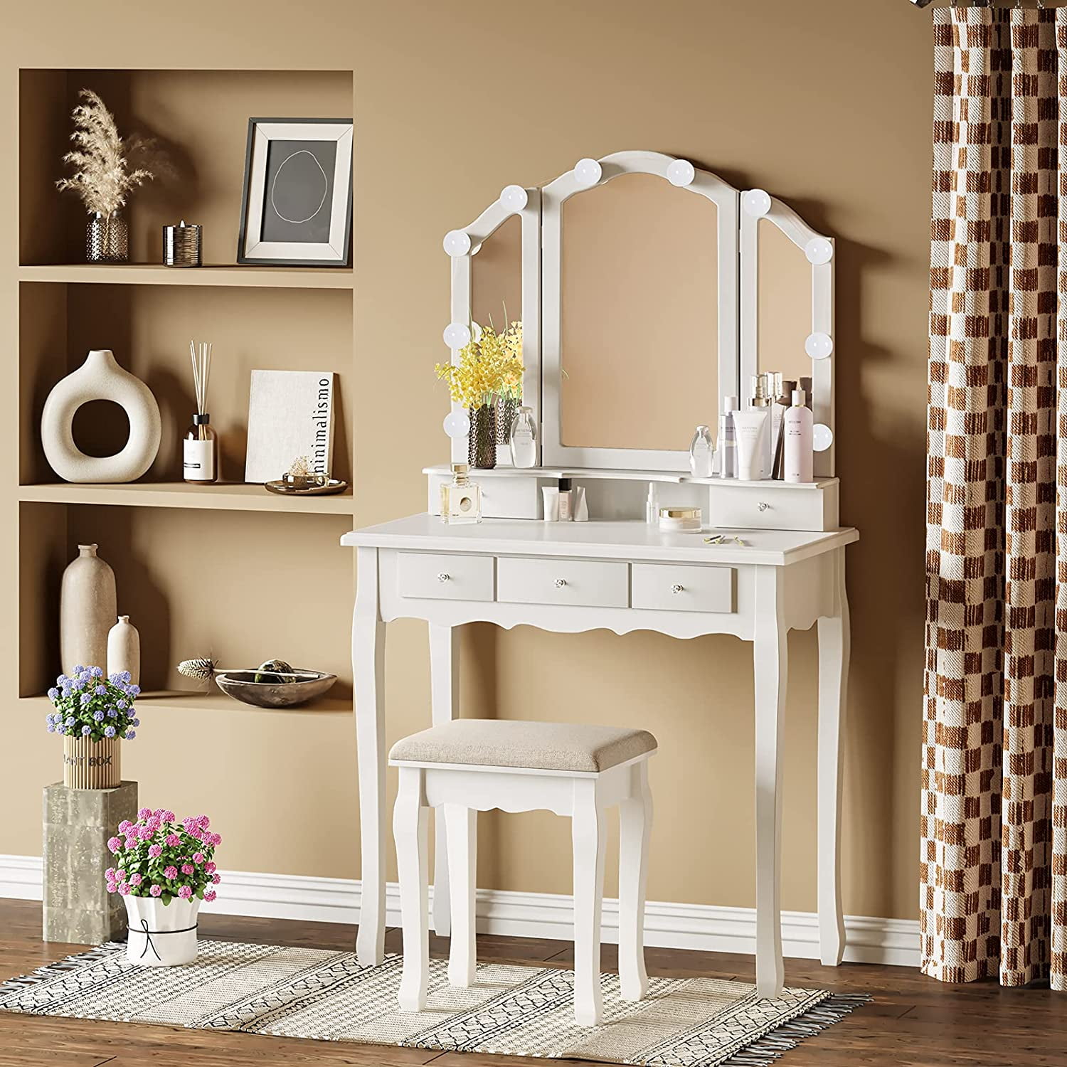 Afuhokles Vanity Table Set with Lighted Tri-Fold Mirror and Stool, Makeup Vanity Dressing Desk 5 Drawers, White