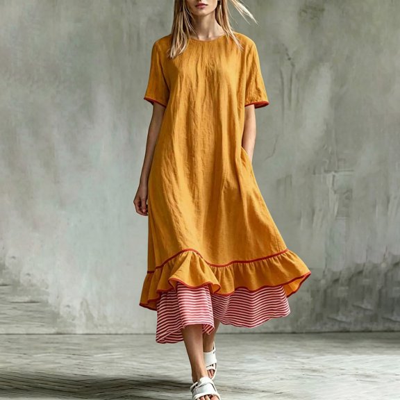 LEKWK Maxi Dresses for Women Color Block Short Sleeve Tiered Flowy Dress Ruffle Striped Hem A Line Sundress Summer Fashion Beach Vacation Outfits