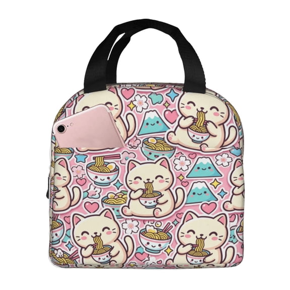 Cat Insulated Lunch Bag Reusable Lunch Box Japanese Ramen Noodle Cat Print Leakproof Thermal Meal Prep Tote With Front Pocket For Work Office Picnic Travel