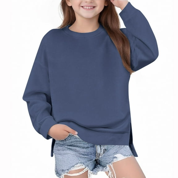 qucoqpe Girls' Asymmetrical Hem Sweatshirt Big Kids' Long Sleeve Crewneck Pullover Soft Fleece-Lined Winter Top Trendy Casual Loungewear