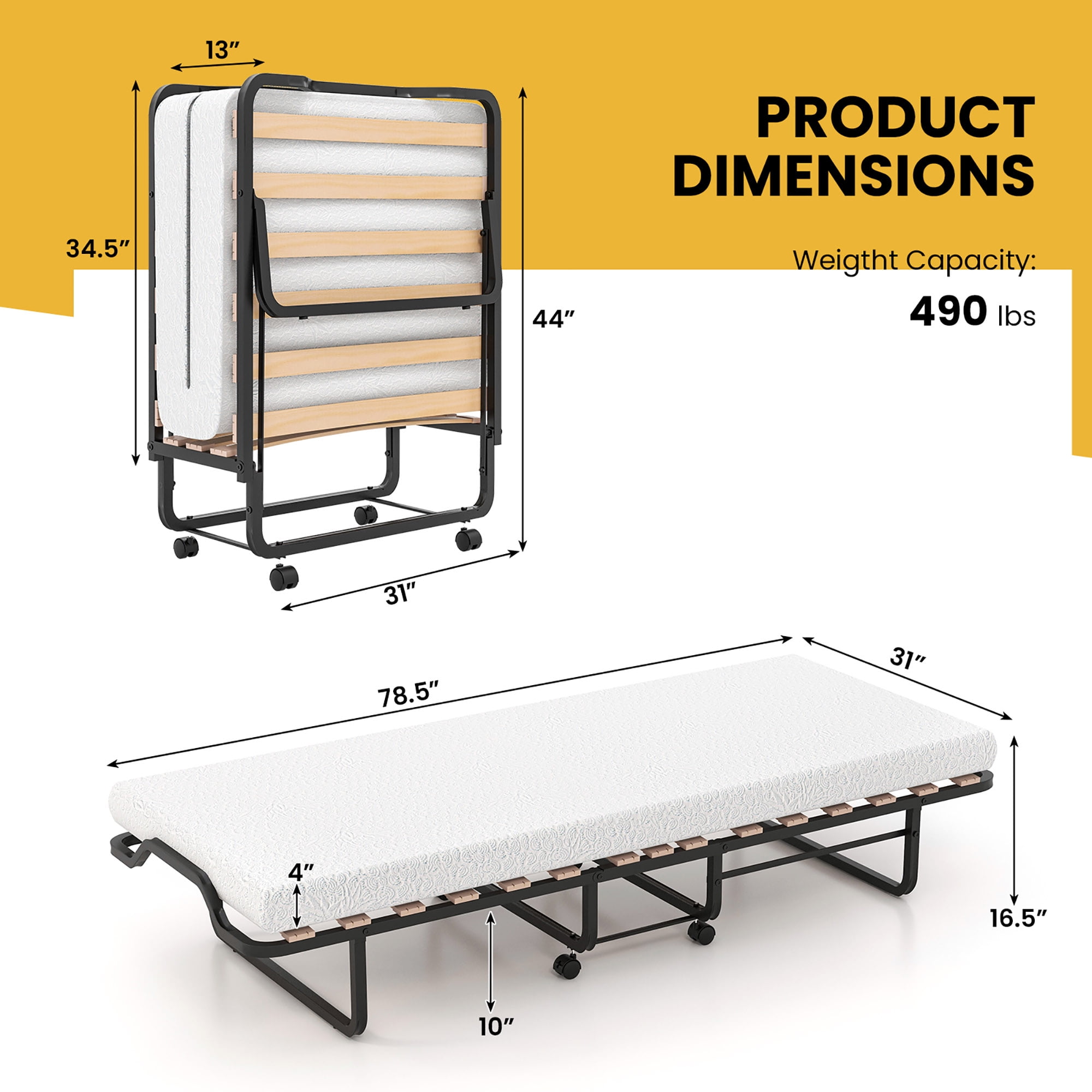Gymax Portable Foldable Guest Bed w/ Solid Wood Slats & Metal Frame Rollaway Bed Cot Size for Adults w/ Wheel