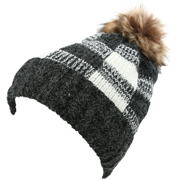 Sakkas Baya Long Tall Checker Pattern Fold Over Faux Fur Pom Pom Unisex Beanie Hat - Black / White - OS