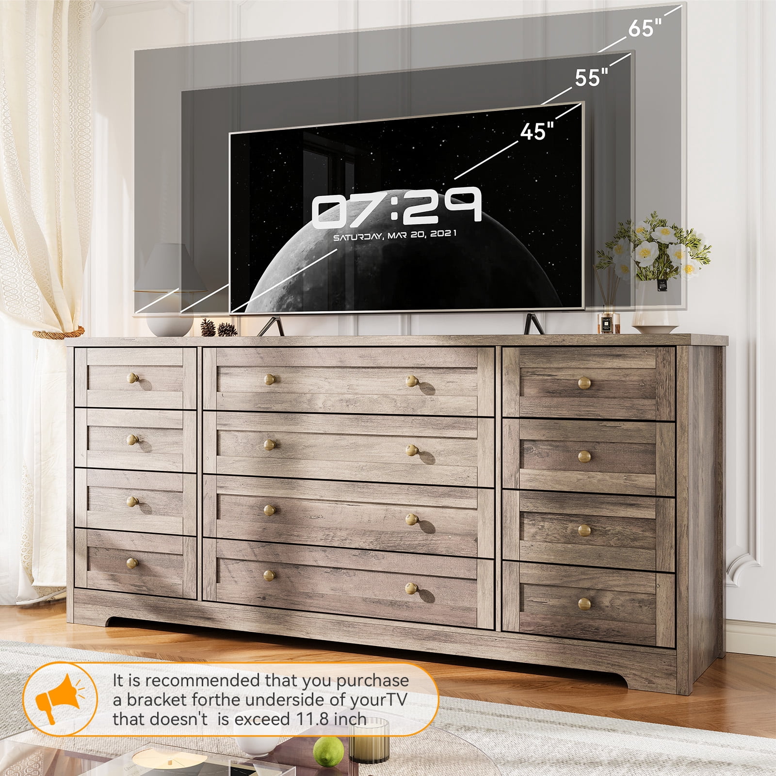 12-Drawer Wood Dresser for Bedroom - 65" Wide Modern Chest of Drawers with Soft-Close Glides,Wood TV Stand for Living Room & Hallway Storage