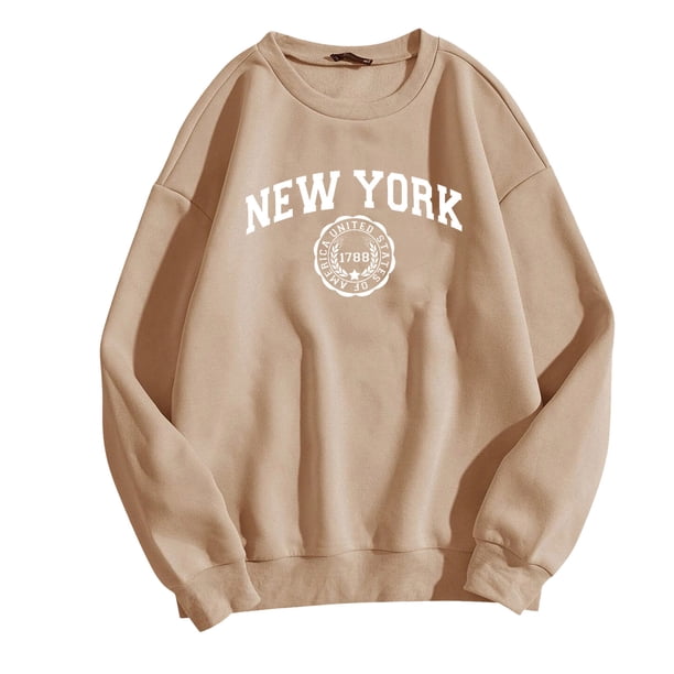 Gibobby Casual Sudadera para Mujer Sudadera de manga larga con patrón con cuello redondo para mujeres adolescentes y estudiantes(Caqui,XG)