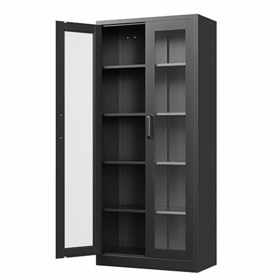 Display Cabinet with Glass Doors, 67-inch Curio Cabinets with 4 Adjustable Shelves, HD&Tempered Glass Cabinet Display Case for Home, Office, Clinic, Pantry, Assemble Required, Blac