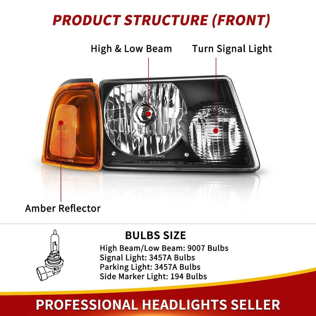 RVNI Front Black Headlights + Amber Corner Turn Signal For 01-11 Ford Ranger Headlamp