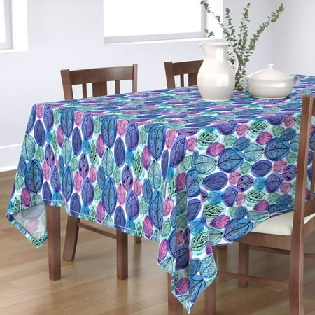 

Cotton Sateen Tablecloth 70 x 90 - Pattern Leaves Leaf Watercolor Doodle Sketch Forest Fall Teal Purple Feminine Print Custom Table Linens by Spoonflower