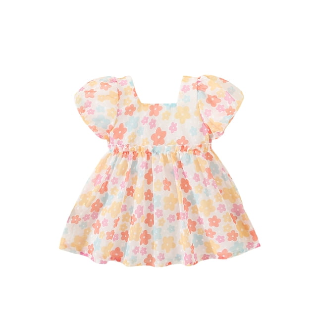 xiaxaixu Robes de Fille Enfants, Manches Courtes Col Carré Imprimé Floral Ébouriffé Princesse A-Doublé Partie Robe de Taille Haute 9M-3Y