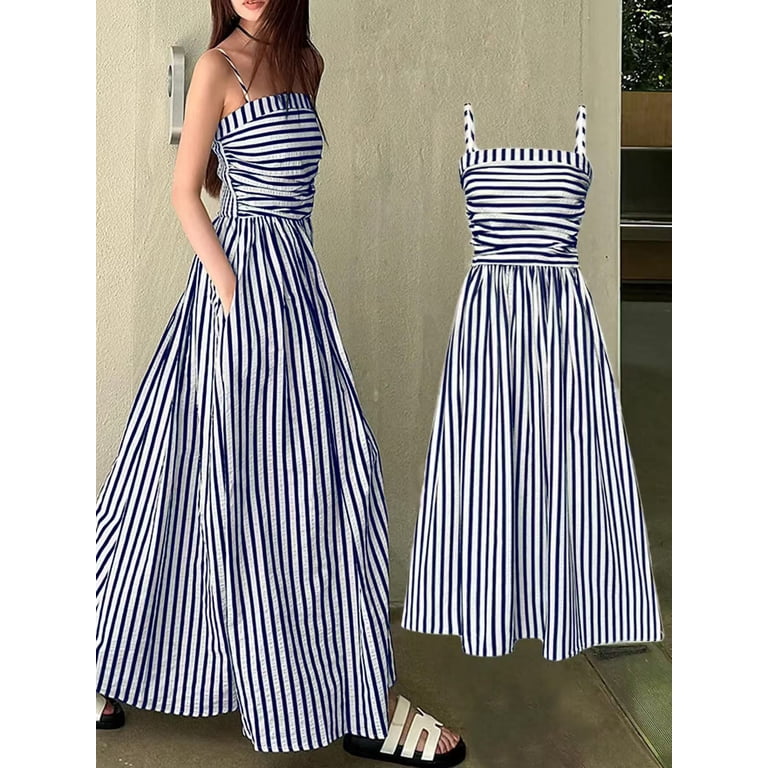 Women's Black White Striped Spaghetti Strap Midi Dress Square Neck Ruched Waist A‑Line Casual Vacation Dress With Pockets