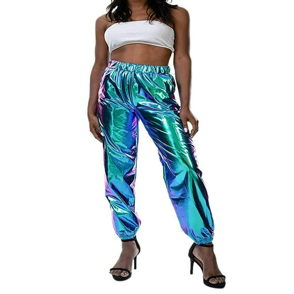 Women High Waist Shiny Metallic Stretchy Hip Hop Pants Reflective Jogger Pants
