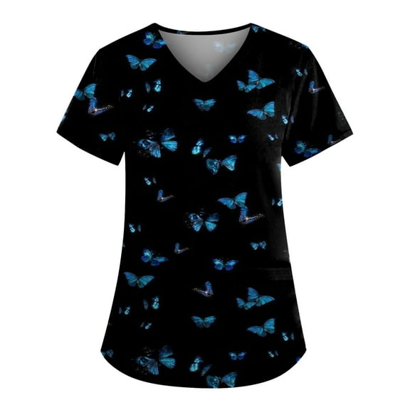 Womens Scrub Tops Scrub Tops for Women Stretchy Vneck Short Sleeve Cute Floral Animal Printed Holiday Nursing Pocketed Working Uniforms 01-Black XXL