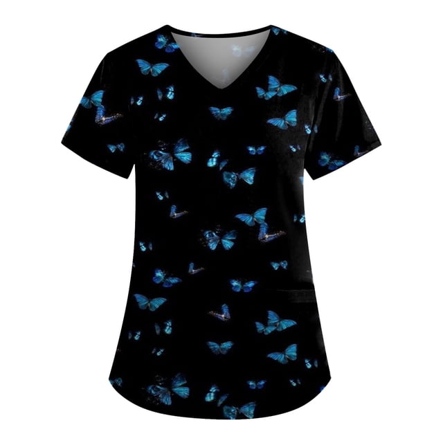 tallas grandes lindo estampado uniforme de trabajo tops para mujeres con cuello en v manga corta camisetas divertidas ropa de trabajo camiseta con bolsillos negro / 2xl