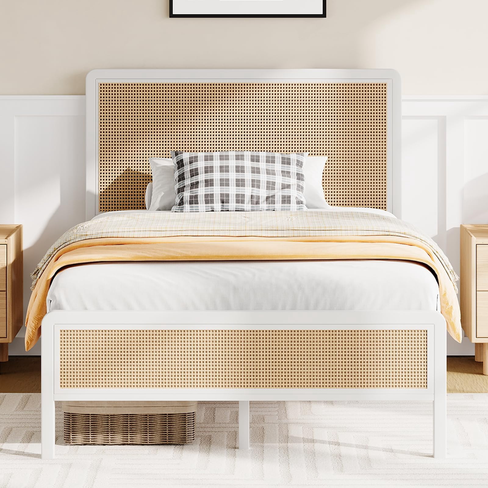 4 Ever Winner Twin Size Bed Frame, Rattan Bed Frame with Natural Rattan Headboard and Footboard, No Box Spring Needed, White