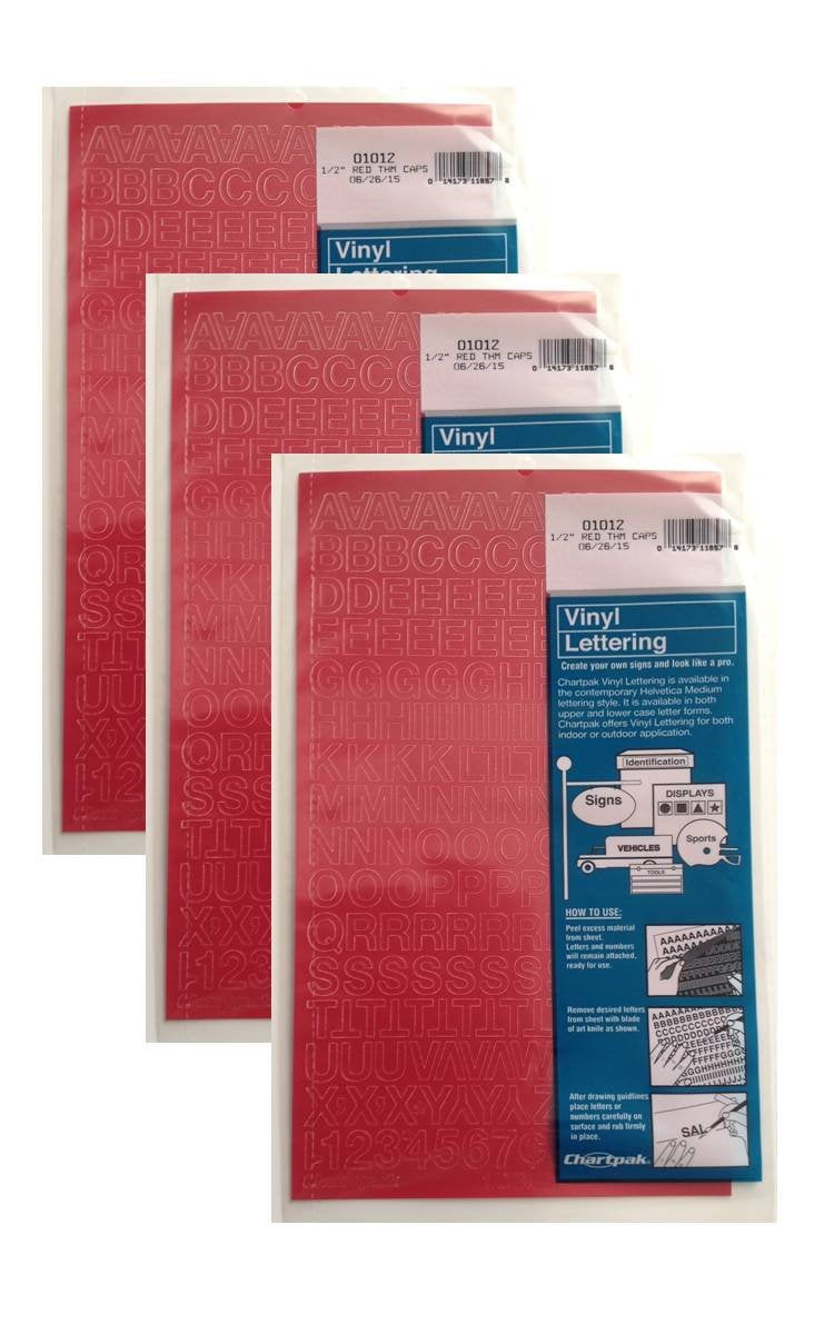 01012 3 PACKS Chartpak 1/2-inch Red Stick-on Vinyl Letters & Numbers 