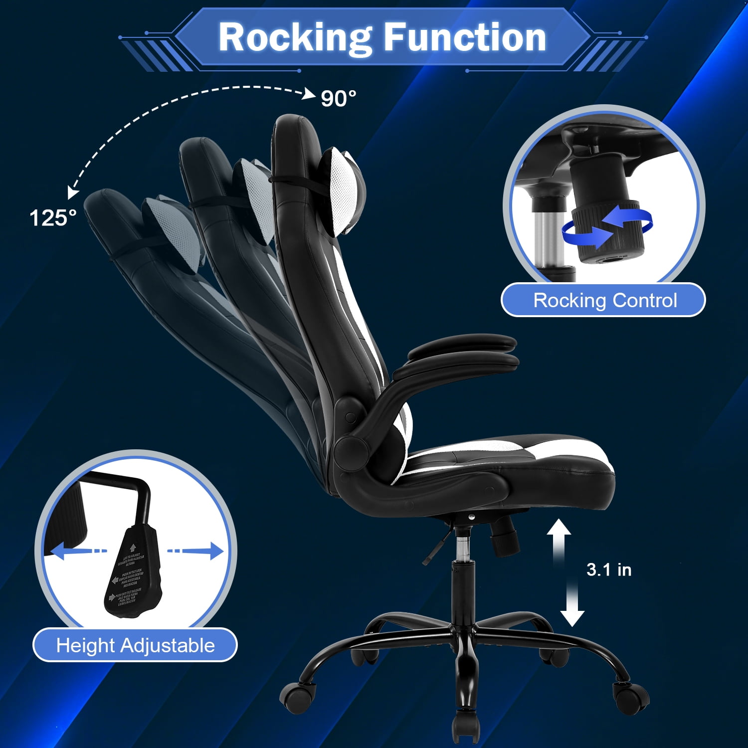 Video Game Chair High Back Gaming Chair PU Leather Racing Chair with Headrest Lumbar Support & Flip-up Arms , Adjustable Gamer Chair for Adults & Kids,White